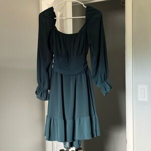 EXLURA - Women's Lantern Sleeve, Square Neck, Tie Back Mini Dress - SMALL - Teal